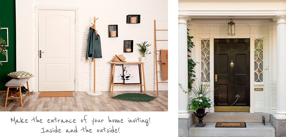 Image to left showing entrance hall decorated in white, green tones with wooden elements, image on the right shows black wooden front door to a white painted house
